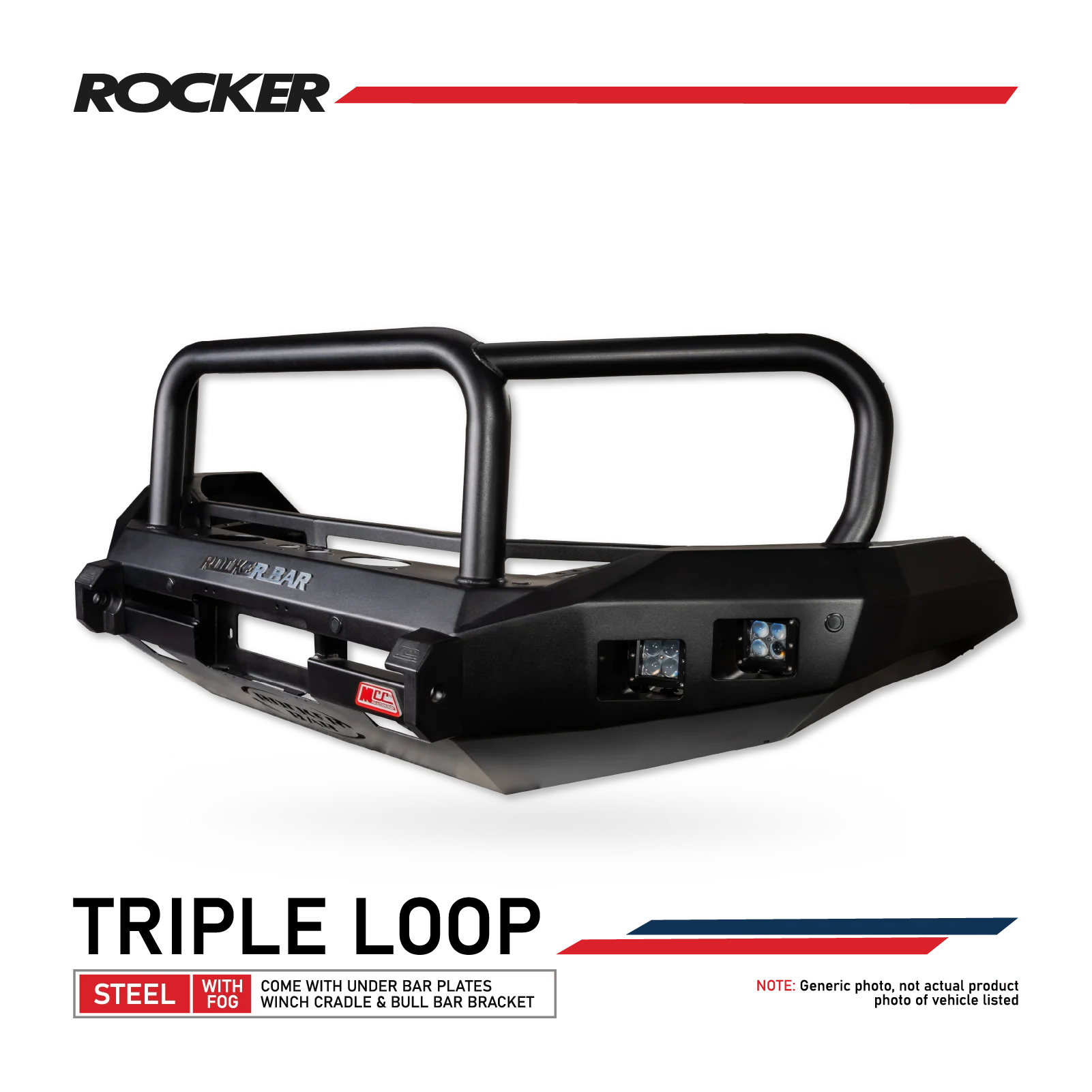 Toyota Hilux 12-15 078-02sq Rocker Front Bar Square Light Triple Loops + Bracket + Underprotection Plate If Available