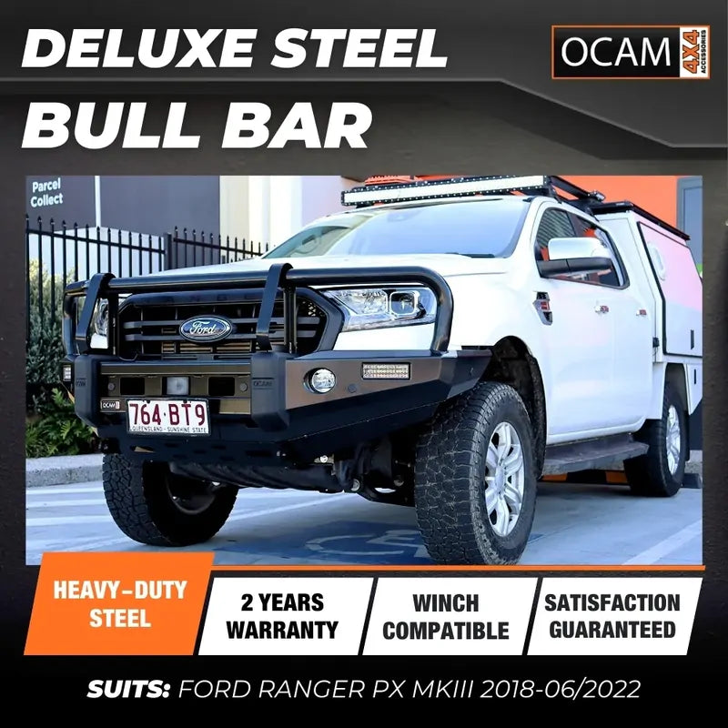 OCAM Deluxe Steel Bull Bar for Ford Ranger PX MKIII 2018-06/2022, Winch Compatible