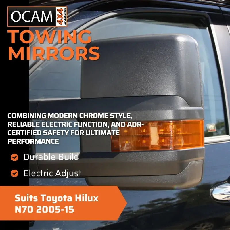 OCAM Extendable Towing Mirrors For Toyota Hilux N70 2005-15 Black Orange Indicators- Electric