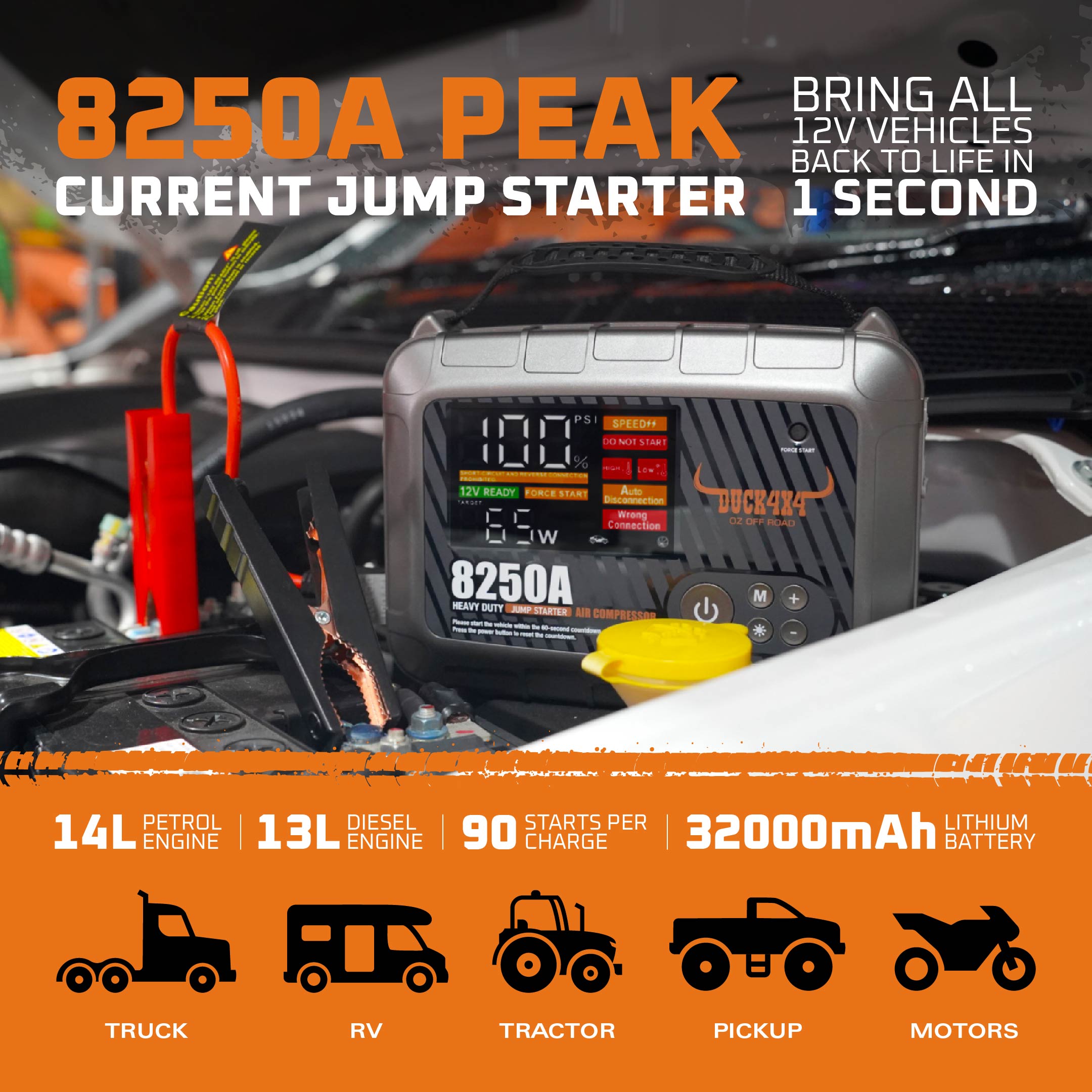DUCK4X4 Jump starter with Air Compressor / Power Bank / Torch - 32000MAH