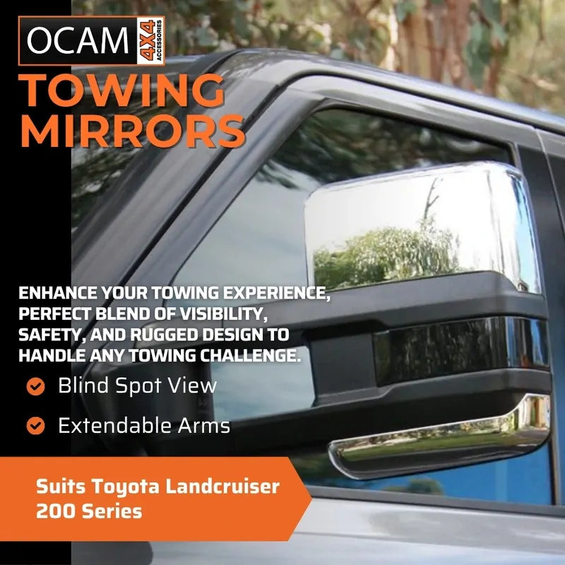 OCAM Extendable Towing Mirrors For Toyota Landcruiser 200 Series- Chrome- Electric