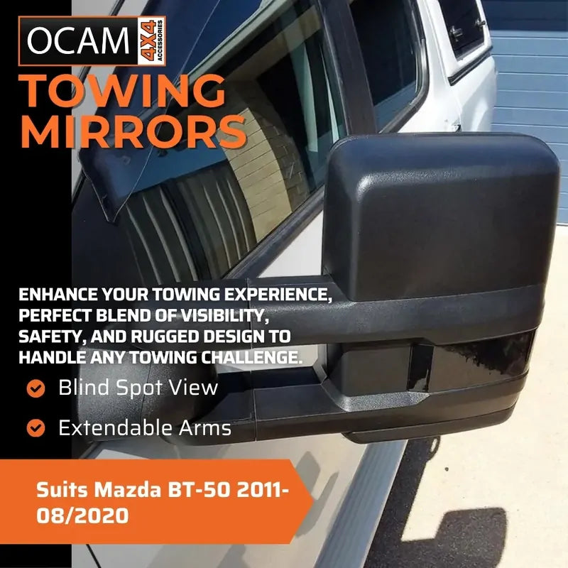 OCAM Extendable Towing Mirrors For Mazda BT-50 2011-09/2020 Black- Electric- BT50