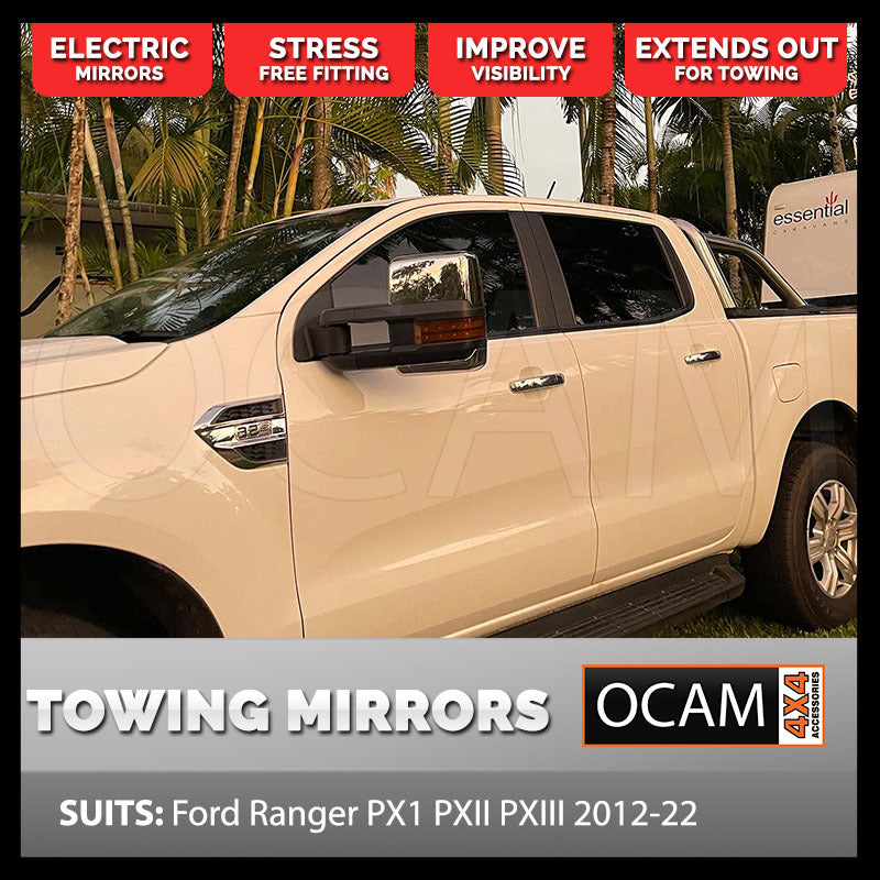 OCAM Extendable Towing Mirrors For Ford Ranger PX 2011-06/2022- Chrome- Orange Indicators- Electric