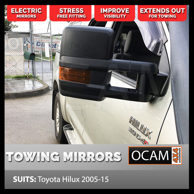 OCAM Extendable Towing Mirrors For Toyota Hilux N70 2005-15 Black Orange Indicators- Electric