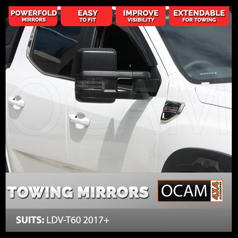 OCAM Powerfold Extendable Towing Mirrors For LDV T-60- Black- Smoked Indicators- Electric