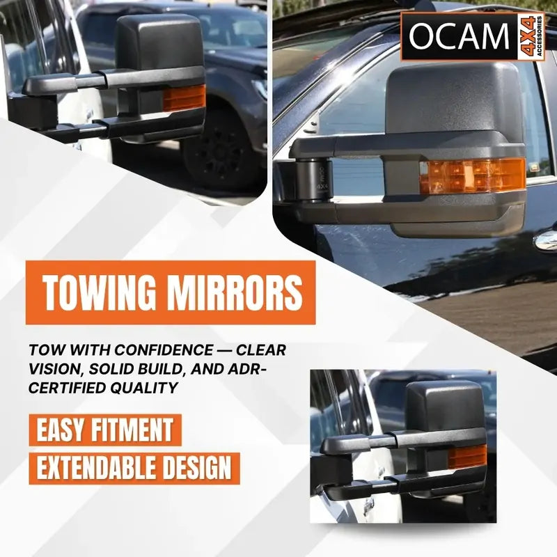 OCAM Extendable Towing Mirrors For Toyota Hilux N70 2005-15 Black Orange Indicators- Electric