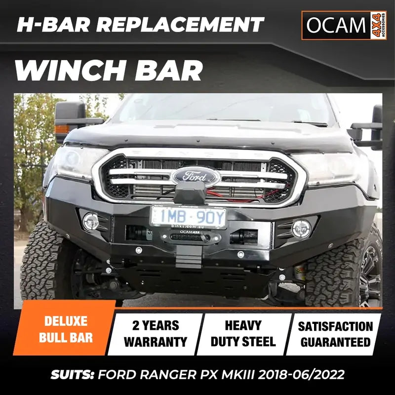 OCAM H-Bar- Replacement Winch Bar for Ford Ranger PX MKIII 2018-06/2022 Hoopless Bull Bar PXIII