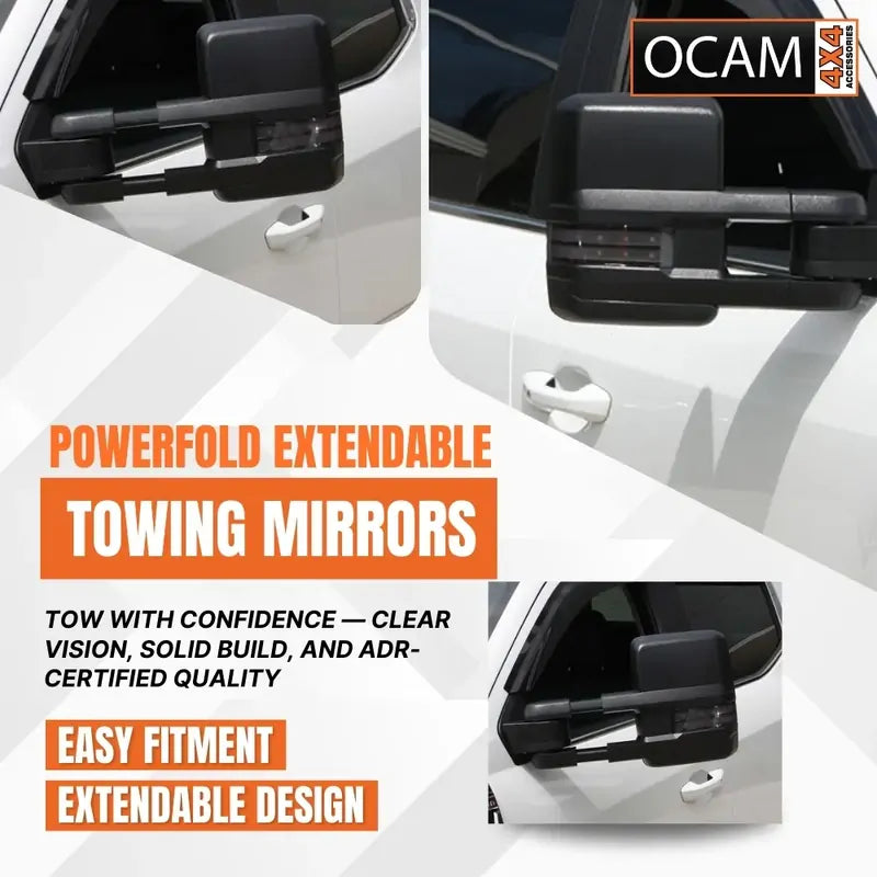 OCAM Powerfold Extendable Towing Mirrors For LDV T-60- Black- Smoked Indicators- Electric