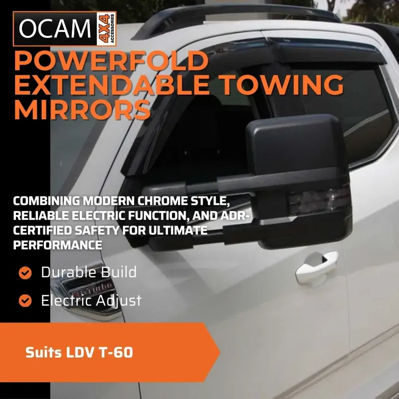 OCAM Powerfold Extendable Towing Mirrors For LDV T-60- Black- Smoked Indicators- Electric