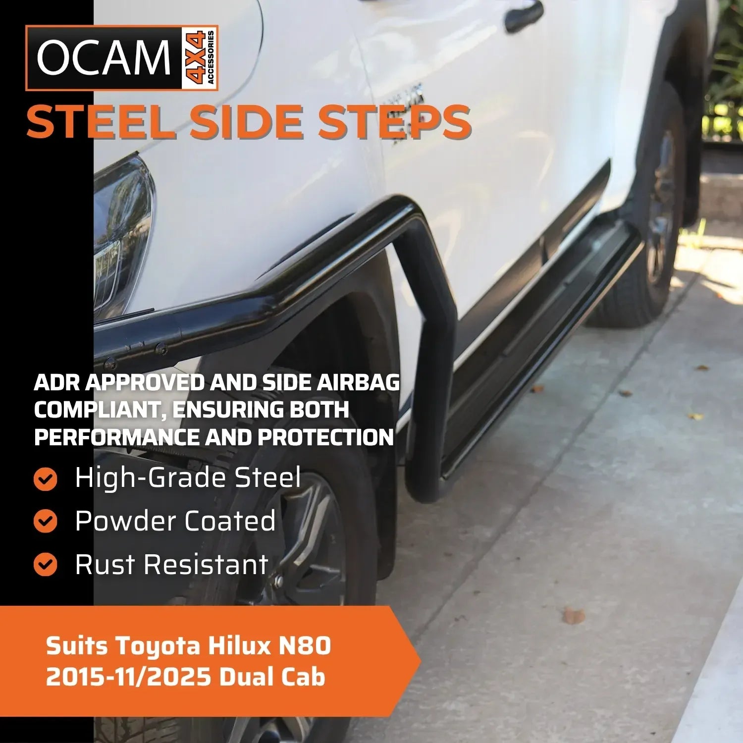 OCAM Heavy Duty Steel Side Steps for Toyota Hilux N80 2015-22 Dual Cab