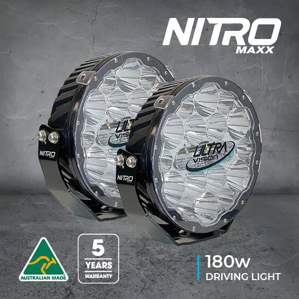 Nitro 180 Maxx 9 Led Driving Light Pair - Widr - 5700k - Black Rim Incs Harness And Atns