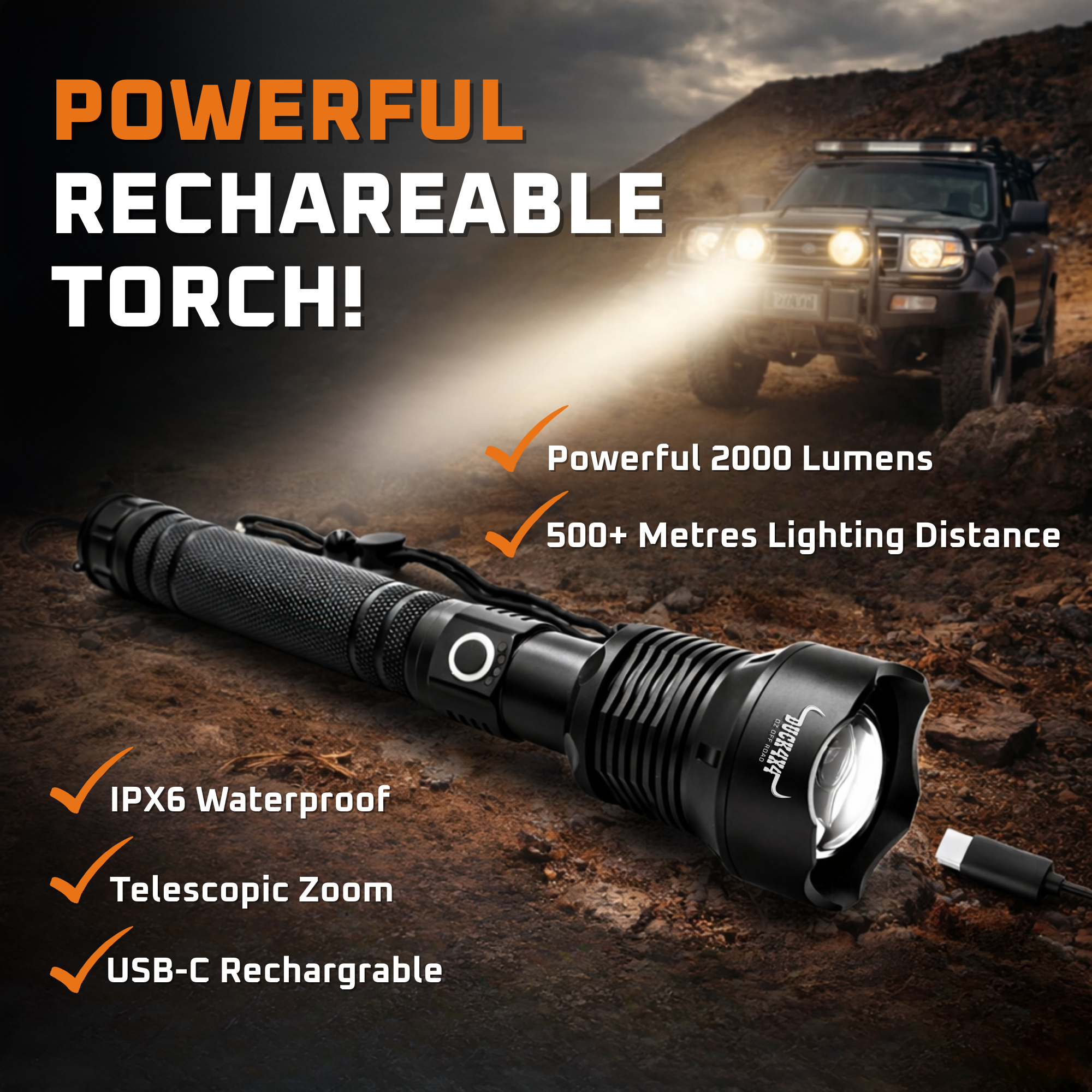 DUCK4X4 Large Aluminium Waterproof Rechargeable Torch
