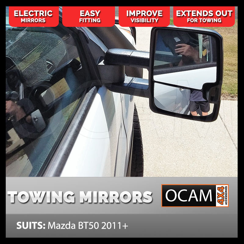 OCAM Extendable Towing Mirrors For Mazda BT-50 2011-09/2020 Black- Electric- BT50