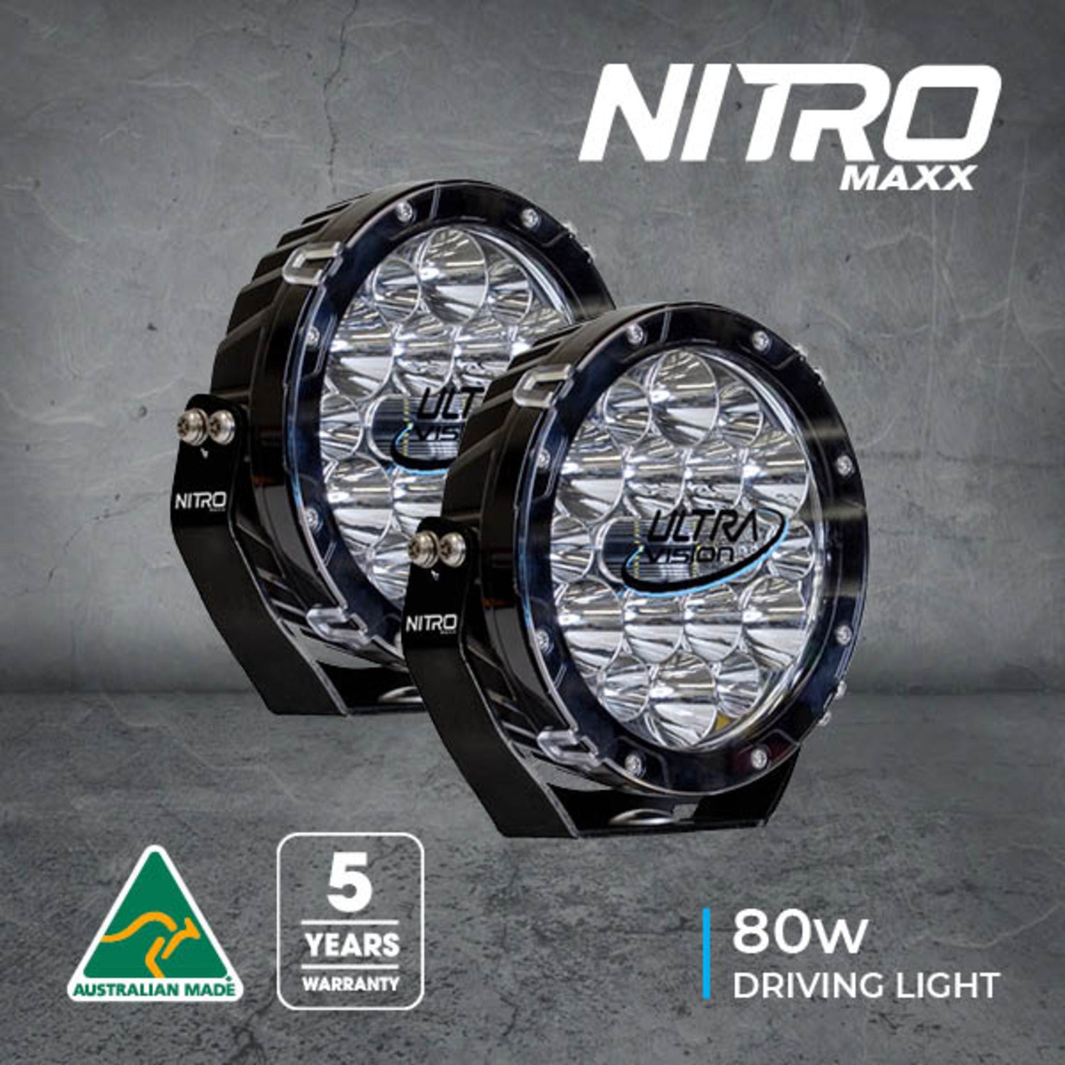 Nitro 80 Maxx 7 Led Driving Light Pair - Widr - 5700k - Black Rim - Inc Harness And Atns